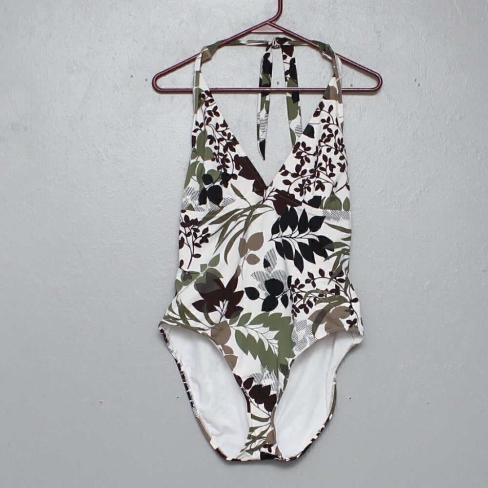 Catalina floral one piece green white black tan halter swimsuit